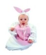 Bunny-bunting costume includes white and pink body bunny bunting with drawstrings. Cute pink ears on white hat.