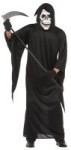 Grim Reaper costume includes hooded robe with oversized sleeves.