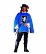 Musketeer costume - Top is a one-piece tunic with white ruffled collar, long shoulder epaulets, large chest insigna, gold trim and white sleeves. Black pants. Fits up to mens chest size 40.