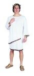 Roman toga costume includes short toga with attached drape. Greek style gold and black ribbon trim on costume. Fabric is an eggshell white stretch polyester knit. Washable. One size fits most adults.