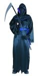 Our Adult Purple Grim Reaper costume is a morbid masterpiece. Costume includes a hooded black collar with purple trim, a sheer black robe, and a sash. Dress to kill in our Grim Reaper costume! One size fits most adults. Scythe not included.
