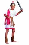 Roman Gladiator costume includes white tunic with red trim, red cape, gold cuffs, gold belt and gold ankle guards. Sword and helmet sold separately.