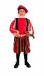 This costume works for christopher columbus. Great for book reports or school plays. Costume includes : Red shirt with black and gold trim, puffy sleeves with red and white, knicker pants (red with black and gold trim) and red hat.