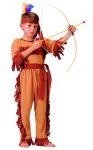 Native American Warrior costume - Transform your child into a brave Indian Warrior with this costume. Includes light brown flannel jumpsuit with dark brown fringe, matching belt and matching headpiece with red and blue feathers.