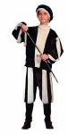 Renaissance Prince costume includes hat, pants and top. Costume is brown velvet with gold and black trim and stripes (as shown in picture). Washable.