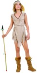Indian Princess costume includes short-sleeved dress fringed at neck and hemline with matching headband, one feather (colors vary) and cord belt.