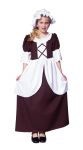 Colonial Girl costume includes a brown polyester dress with attached white overskirt and sleeves. Also comes with a white bonnet. Hand washable.