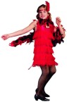 Roaring 20s Flapper Costume - Child size. Includes flapper with overall fringe sequin headband. Colors: red &amp; black. Shoulder width large 19", medium 18", small 15". Dress length: large 30", medium 27", small 24". Chest large=35, medium=33", small=31. Flapper made of satin.