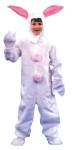 Child White Bunny Suit - One-piece suit made of acrylic pile plush. Two pink pompoms on the front and one on the backside for the cottontail. Hood has an open face with Velcro closure under chin and pink-lined floppy ears. Includes mitts and shoe covers.