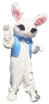 Cotton Bunny Mascot Adult Costume - White acrylic faux fur jumpsuit with matching mitts, feet, and oversized head. Also includes vest and tie. One size fits most adults.  