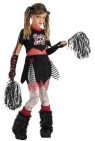Cheerless Leader Child Costume - This cheerless cheerleader includes: jagged cut dress with fishnet midriff, skull and crossbone imprinted front and black/white pom-poms. Pantyhose, glovettes and shoes not included.