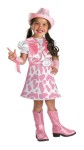Wild West Cutie Child Costume - Your little cowgirl will look cute as a button in this costume. Dress with white top and pink cow-print skirt with attached vest, attached pink belt with silver buckle. Matching pink hat and detachable pink wrist cuffs with fringe also included. 