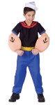 Popeye Toddler Costume - Blue pants with yellow belt, black shirt with red collar, muscle arms, and sailor cap.
