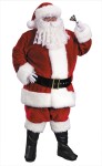 Premium Plush Santa Adult Costume (Plus Size) - Trimmed with rich fake rabbit fur. Includes: jacket with zipper front and belt loops, pants with side pockets, hat, belt, boot tops and deluxe gloves with snap.  Elastic waist. Fits chest sizes 58-60.