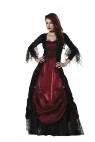 Gothic Vampira Adult Costume - Full length lace trimmed panne and shimmer satin gown, jeweled choker and tulle/lace petticoat. Large fits bust 37-39.5, waist 29-31.5, and hips 39.5-42; Medium fits bust 35-36.5, waist 27-28.5, and hips 37.5-39; Small fits bust 33-34.5, waist 25-26.5, and hips 35.5-37; X-large fits bust 40-43, waist 32-35, hips 42.5-45.5.