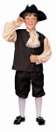Colonial Boy Child Costume includes black hat, jabot, brown pants and brown vest with sleeves.