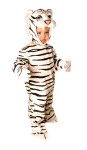 White tiger with light plush fully screen printed black striped jumpsuit, detailed gloves and feet, fully detailed hood and realistic eyes. 
