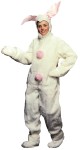 Adult Bunny Suit - One-piece jumpsuit made of white acrylic pile plush with zipper down back. Two pompons on front and one on back for the cotton tail. Hood has an open face with Velcro closure under chin and pink-lined floppy ears. Includes mitts and shoe covers.