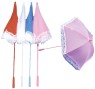Nylon parasol with white ruffles around the edge. Available in Red, White, Blue, Pink, or Yellow. 25 inches wide.
